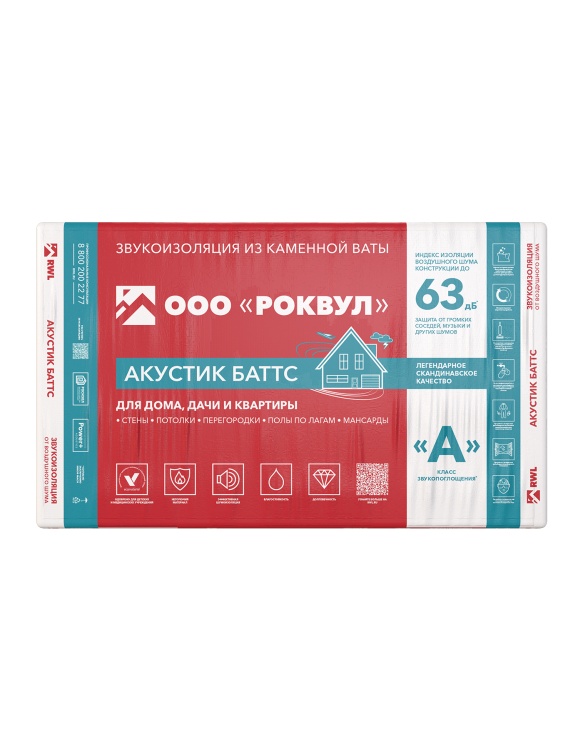 Утеплитель Rockwool Акустик Баттс 1000х600х75 мм, 8 шт. уп